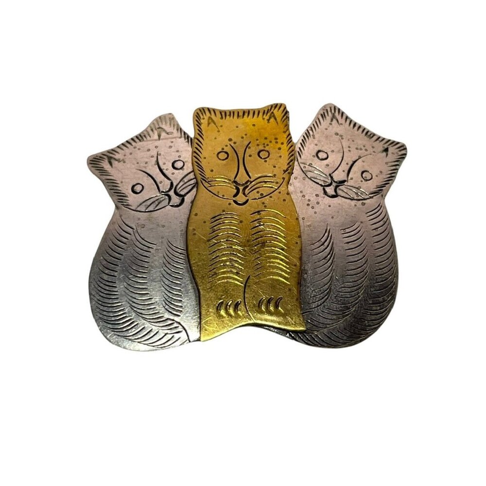 3 Cat Kitty Brooch Pin Gold Silver Tone Brutalist Minimalist Two Tone 2”